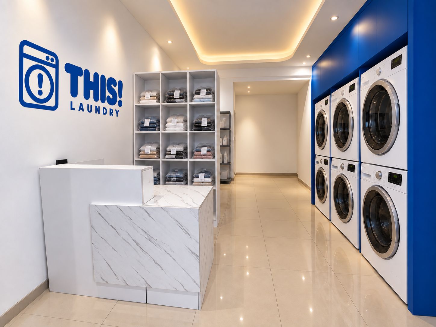 Inside This! Laundry: a white marble counter, shelves of folded laundry and a wall of stacked washers and dryers