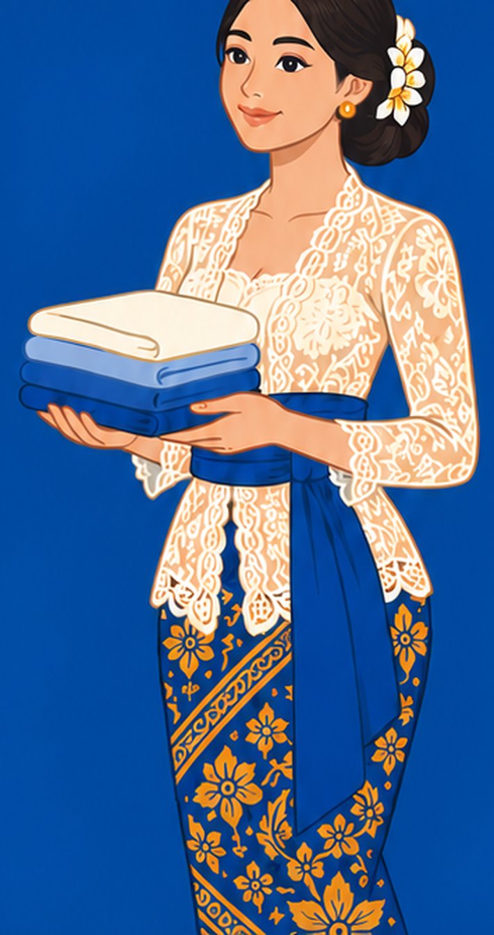 Illustration of a Balinese woman in a lace kebaya holding a stack of folded laundry